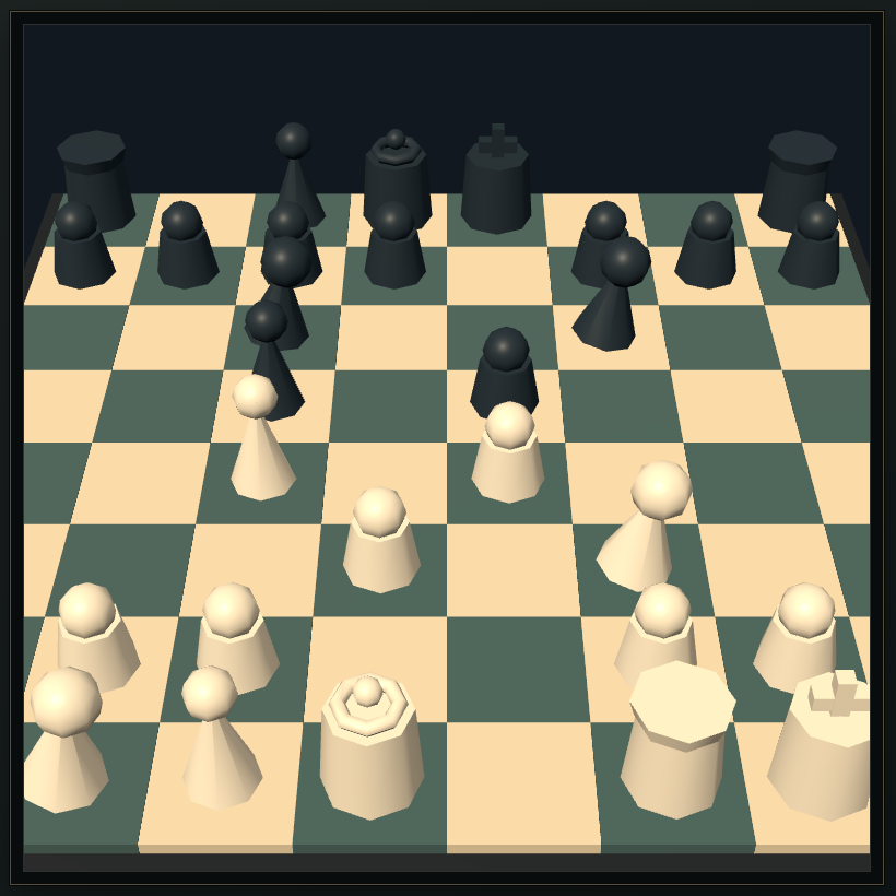 Close crop of the three-dimensional replay board with sculpted pieces, warm light squares, and coordinate framing.