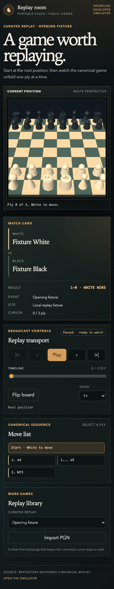 Mobile replay room with the board leading the page and the replay controls stacked below it for touch use.