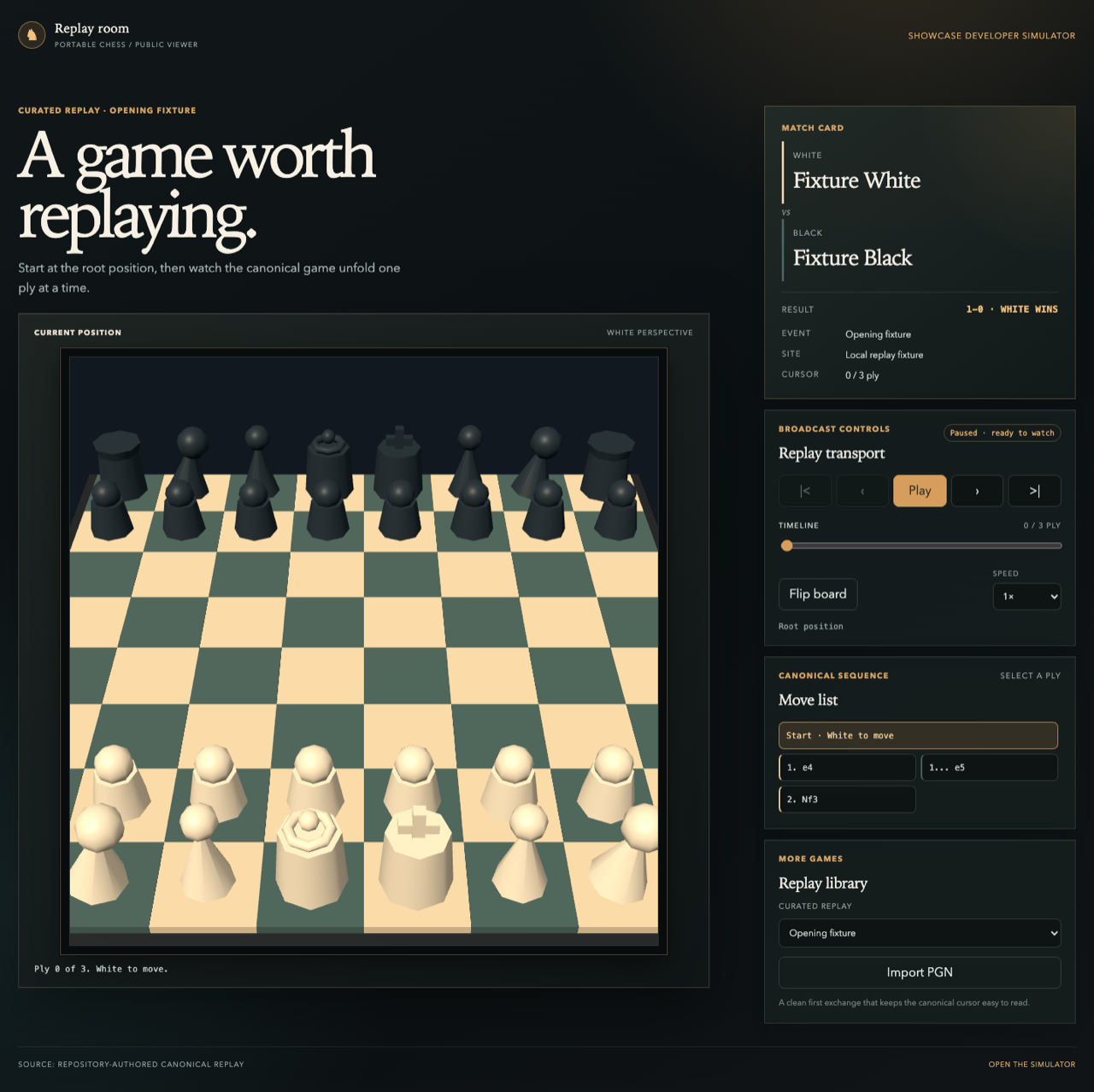 Replay room showing the three-dimensional chess board at the opening position beside match details and replay controls.