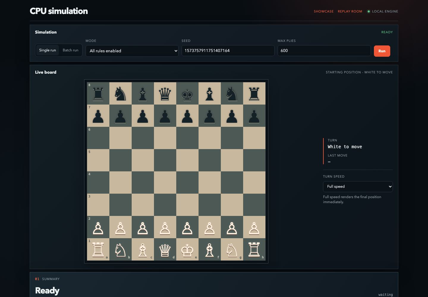 Developer simulator showing the local engine controls, live board, and ready state before a run.