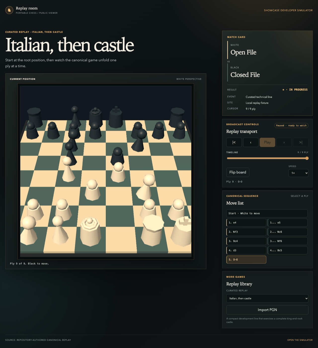 Replay room showing the Italian, then castle line at its final ply with the move list and timeline visible.